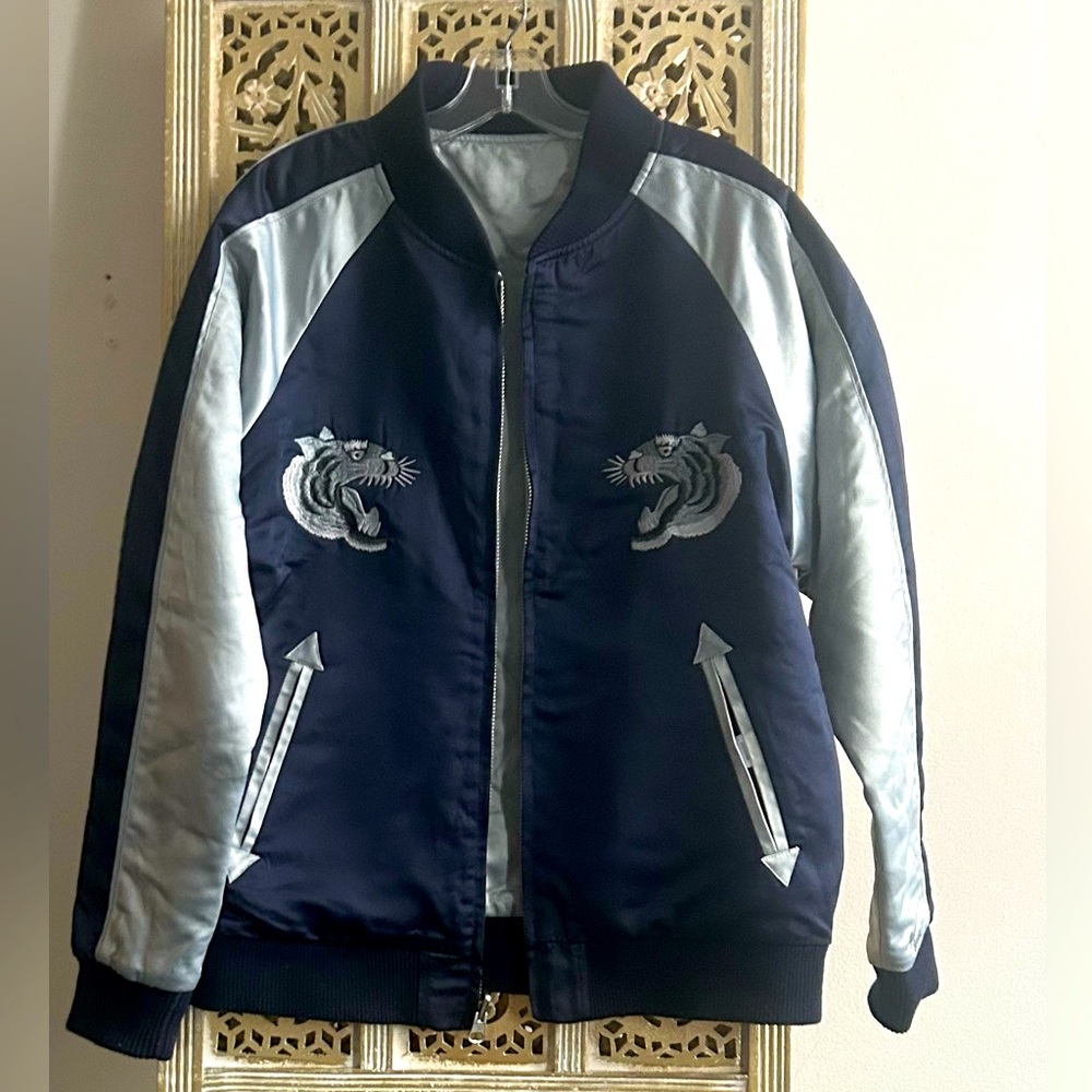 J Press Vintage Style Japan Souvenir Jacket Tigers Navy Blue Silver Reversible